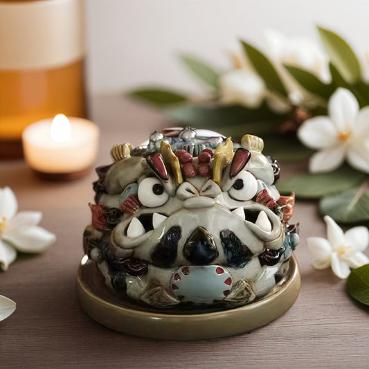 Handmade Ceramic Jin Chan Set - Feng Shui Wealth Guardian & Incense Burner for Home/Office | 1200°C Jingdezhen Craftsmanship with Prosperity Energy